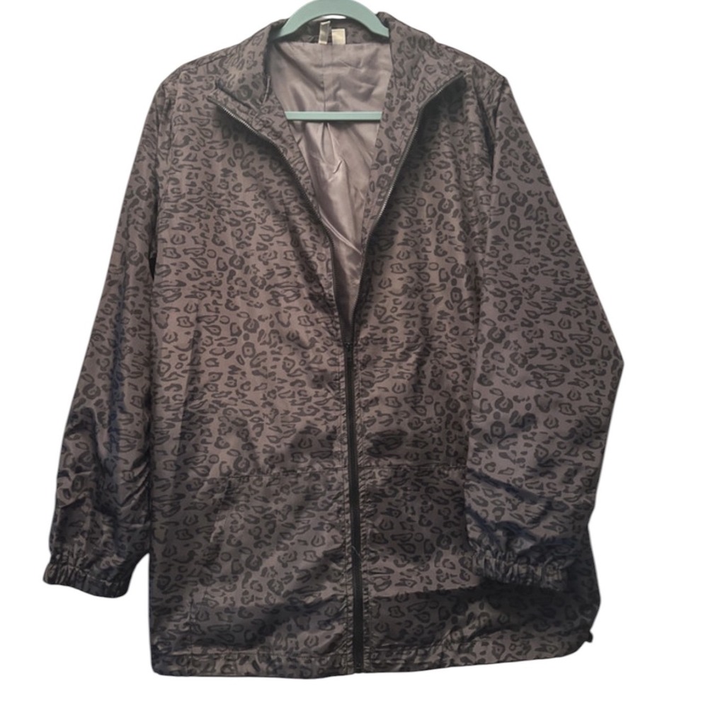 Active Rain Jacket Windbreaker 14/16W Gray Leopard Print Plus Full Zip PocketS